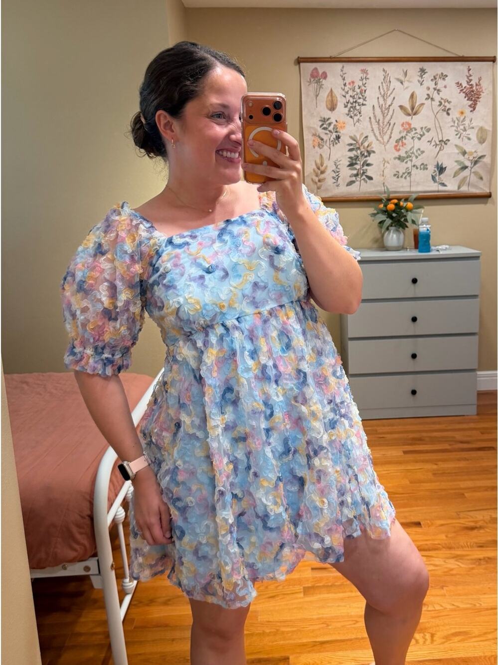 Anthropologie JODIFL Textured Pastel Puff-Sleeve Babydoll Dress Medium